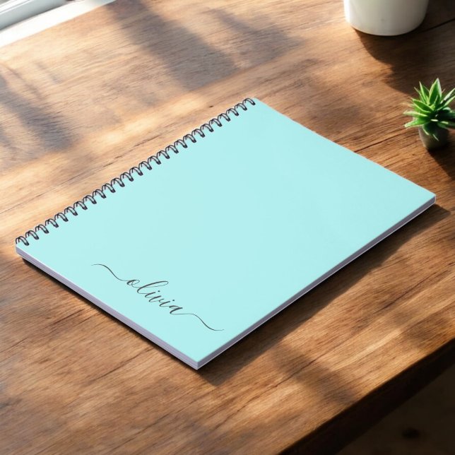 Aqua Blue Teal Modern Script Girly Monogram Name Notebook (Creator Uploaded)