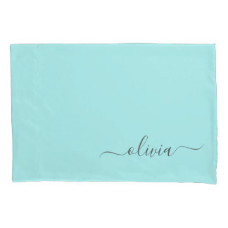 Aqua Blue Teal Modern Script Girly Monogram Name Pillowcase