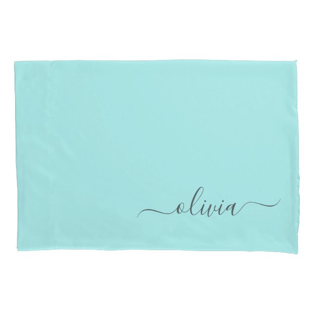 Aqua Blue Teal Modern Script Girly Monogram Name Pillowcase (Front)
