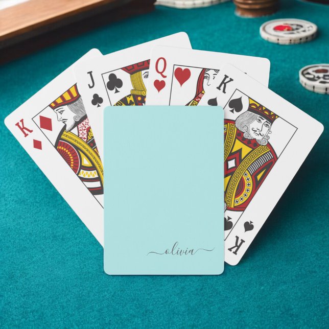 Aqua Blue Teal Modern Script Girly Monogram Name Playing Cards (Creator Uploaded)