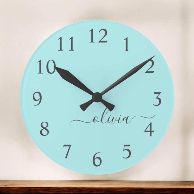 Aqua Blue Teal Modern Script Girly Monogram Name Round Clock (Creator Uploaded)