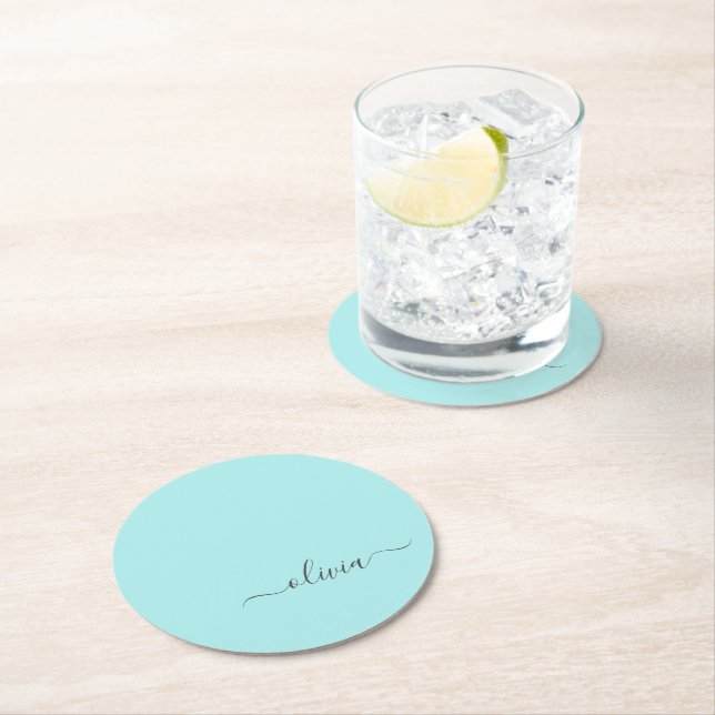 Aqua Blue Teal Modern Script Girly Monogram Name Round Paper Coaster (Insitu)