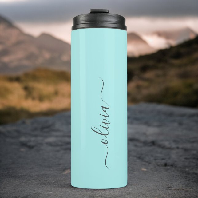 Aqua Blue Teal Modern Script Girly Monogram Name Thermal Tumbler (Creator Uploaded)
