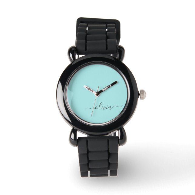 Aqua Blue Teal Modern Script Girly Monogram Name Watch (Front)