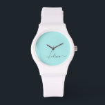 Aqua Blue Teal Modern Script Girly Monogram Name Watch<br><div class="desc">Aqua Blue Teal and White Simple Script Monogram Name Watch. This makes the perfect graduation,  birthday,  wedding,  bridal shower,  anniversary,  baby shower or bachelorette party gift for someone that loves glam luxury and chic styles.</div>