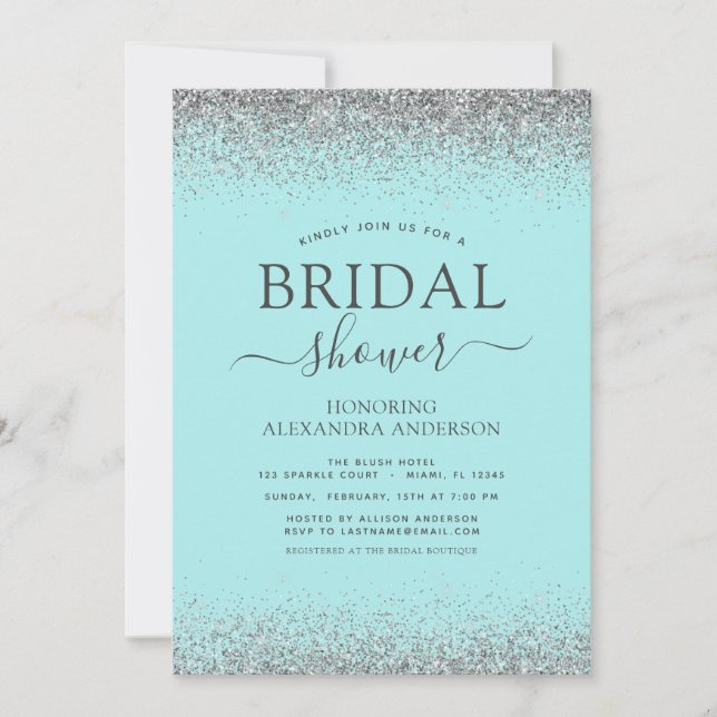 Aqua Blue Teal Silver Glitter Bridal Shower Invitation (Front)