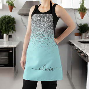 Aqua Blue Teal Silver Glitter Monogram Apron