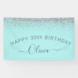 Aqua Blue Teal Silver Glitter Monogram Banner