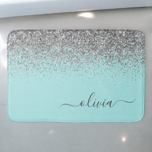 Aqua Blue Teal Silver Glitter Monogram Bath Mat