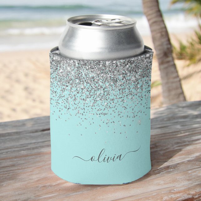 Aqua Blue Teal Silver Glitter Monogram Can Cooler (Creator Uploaded)