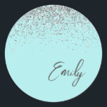 Aqua Blue Teal Silver Glitter Monogram Classic Round Sticker<br><div class="desc">Aqua Blue Teal Silver Glitter Monogram Name and Initial Paper Party Sticker Address Labels. This makes the perfect sweet 16 birthday,  wedding,  bridal shower,  anniversary,  baby shower or bachelorette party gift for someone that loves glam luxury and chic styles.</div>
