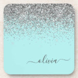 Aqua Blue Teal Silver Glitter Monogram Coaster<br><div class="desc">Aqua Blue - Teal and Silver Glitter Script Monogram Name Paper Coasters. This makes the perfect graduation,  birthday,  wedding,  bridal shower,  anniversary,  baby shower or bachelorette party gift for someone that loves glam luxury and chic styles.</div>