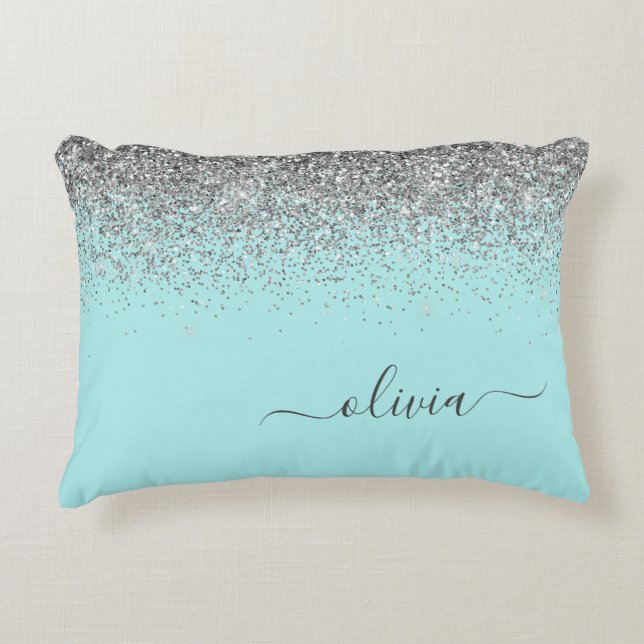Aqua Blue Teal Silver Glitter Monogram Decorative Cushion (Front)