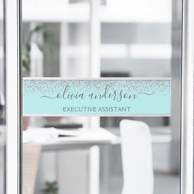 Aqua Blue Teal Silver Glitter Monogram Door Sign (Creator Uploaded)