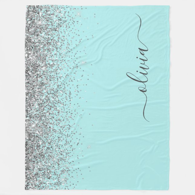 Aqua Blue Teal Silver Glitter Monogram Fleece Blanket (Front)