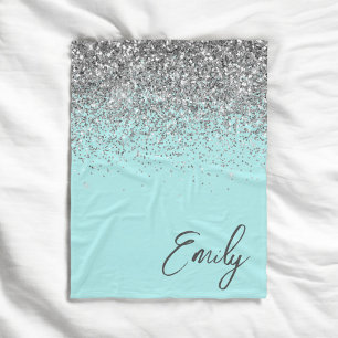 Aqua Blue Teal Silver Glitter Monogram Fleece Blanket