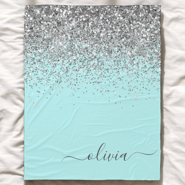 Aqua Blue Teal Silver Glitter Monogram Fleece Blanket (Creator Uploaded)