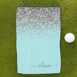 Aqua Blue Teal Silver Glitter Monogram Golf Towel