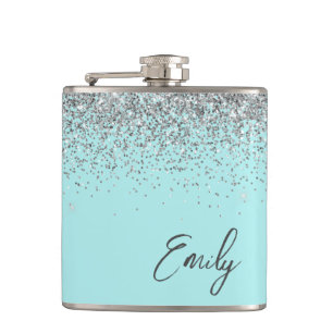 Aqua Blue Teal Silver Glitter Monogram Hip Flask