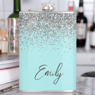 Aqua Blue Teal Silver Glitter Monogram Hip Flask