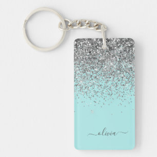 Aqua Blue Teal Silver Glitter Monogram Key Ring
