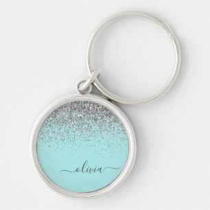 Aqua Blue Teal Silver Glitter Monogram Key Ring