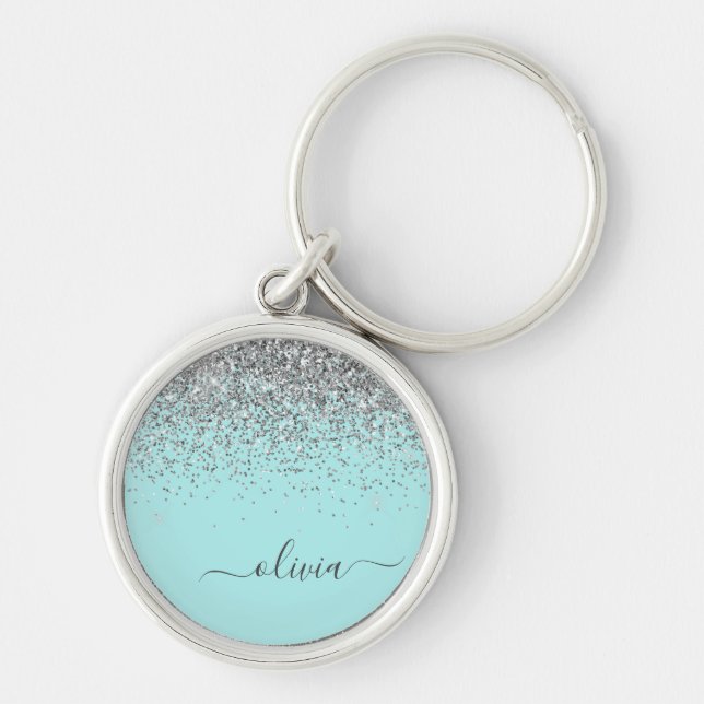 Aqua Blue Teal Silver Glitter Monogram Key Ring (Front)