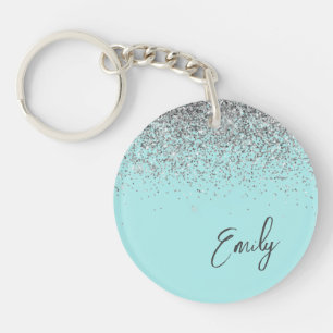 Aqua Blue Teal Silver Glitter Monogram Key Ring