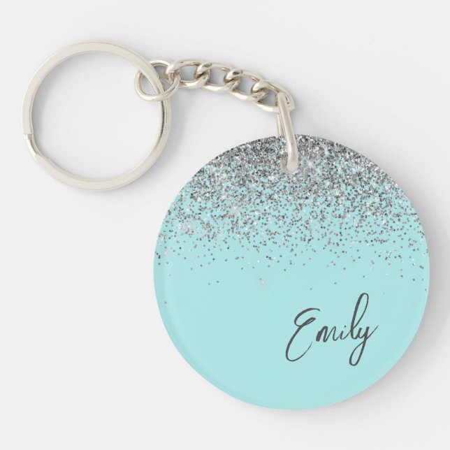Aqua Blue Teal Silver Glitter Monogram Key Ring (Front)