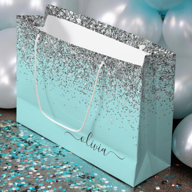 Aqua Blue Teal Silver Glitter Monogram Large Gift Bag (Creator Uploaded)