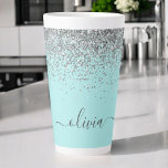 Aqua Blue Teal Silver Glitter Monogram Latte Mug<br><div class="desc">Aqua Blue - Teal and Silver Faux Foil Metallic Sparkle Glitter Script Monogram Name Latte Coffee Cup Mug. This makes the perfect sweet 16 birthday,  wedding,  bridal shower,  anniversary,  baby shower or bachelorette party gift for someone that loves glam luxury and chic styles.</div>