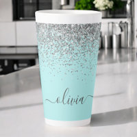 Aqua Blue Teal Silver Glitter Monogram