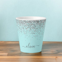 Aqua Blue Teal Silver Glitter Monogram