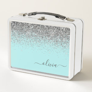 Aqua Blue Teal Silver Glitter Monogram Metal Lunch Box