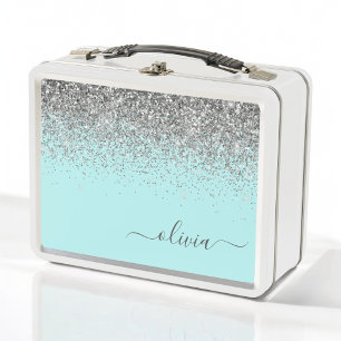 Aqua Blue Teal Silver Glitter Monogram Metal Lunch Box
