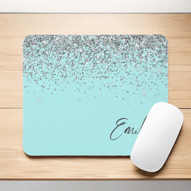 Aqua Blue Teal Silver Glitter Monogram Mouse Pad (Creator Uploaded)