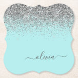 Aqua Blue Teal Silver Glitter Monogram Paper Coaster<br><div class="desc">Aqua Blue - Teal and Silver Sparkle Glitter Script Monogram Name Paper Coasters. This makes the perfect graduation,  birthday,  wedding,  bridal shower,  anniversary,  baby shower or bachelorette party gift for someone that loves glam luxury and chic styles.</div>