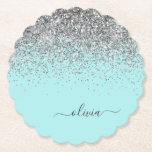 Aqua Blue Teal Silver Glitter Monogram Paper Coaster<br><div class="desc">Aqua Blue - Teal and Silver Sparkle Glitter Script Monogram Name Paper Coasters. This makes the perfect graduation,  birthday,  wedding,  bridal shower,  anniversary,  baby shower or bachelorette party gift for someone that loves glam luxury and chic styles.</div>