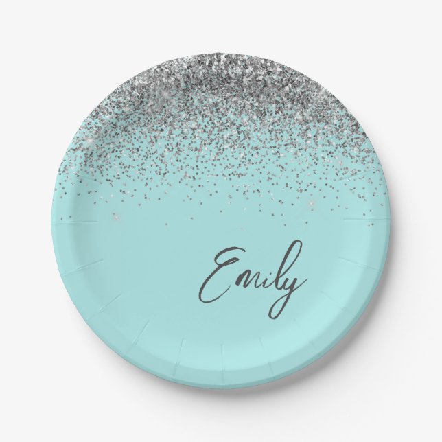 Aqua Blue Teal Silver Glitter Monogram Paper Plate (Front)