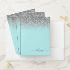 Aqua Blue Teal Silver Glitter Monogram