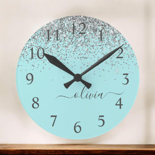 Aqua Blue Teal Silver Glitter Monogram Round Clock