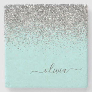Aqua Blue Teal Silver Glitter Monogram Stone Coaster