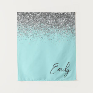 Aqua Blue Teal Silver Glitter Monogram Tapestry