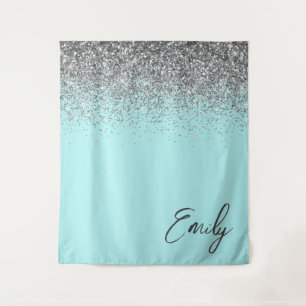 Aqua Blue Teal Silver Glitter Monogram Tapestry