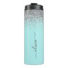 Aqua Blue Teal Silver Glitter Monogram