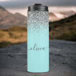 Aqua Blue Teal Silver Glitter Monogram Thermal Tumbler<br><div class="desc">Aqua Blue - Teal and Silver Sparkle Glitter Brushed Metal Monogram Name Drink Tumbler. This makes the perfect sweet 16 birthday,  wedding,  bridal shower,  anniversary,  baby shower or bachelorette party gift for someone that loves glam luxury and chic styles.</div>