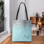 Aqua Blue Teal Silver Glitter Monogram Tote Bag<br><div class="desc">Aqua Blue Teal Silver Glitter Monogram Book Bag. This Book Bag can be customised to include your initial and first name and given as a gift for Christmas,  Sweet 16 Birthday,  Bridal Shower or a Wedding.</div>