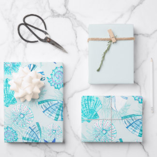 Aqua-blue-teal watercolor mixed seashell design wrapping paper sheet