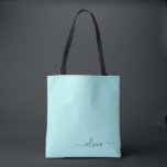 Aqua Blue Teal White Girly Script Monogram Tote Bag<br><div class="desc">Aqua Blue Teal Elegant Add Your Own Name Monogram Book Bag. This Book Bag can be customised to include your initial and first name and given as a gift for Christmas,  Sweet 16 Birthday,  Bridal Shower or a Wedding.</div>