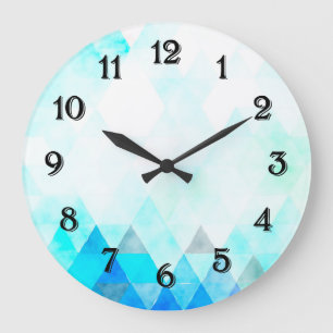 Aqua Blue Triangles Watercolor Large Clock
